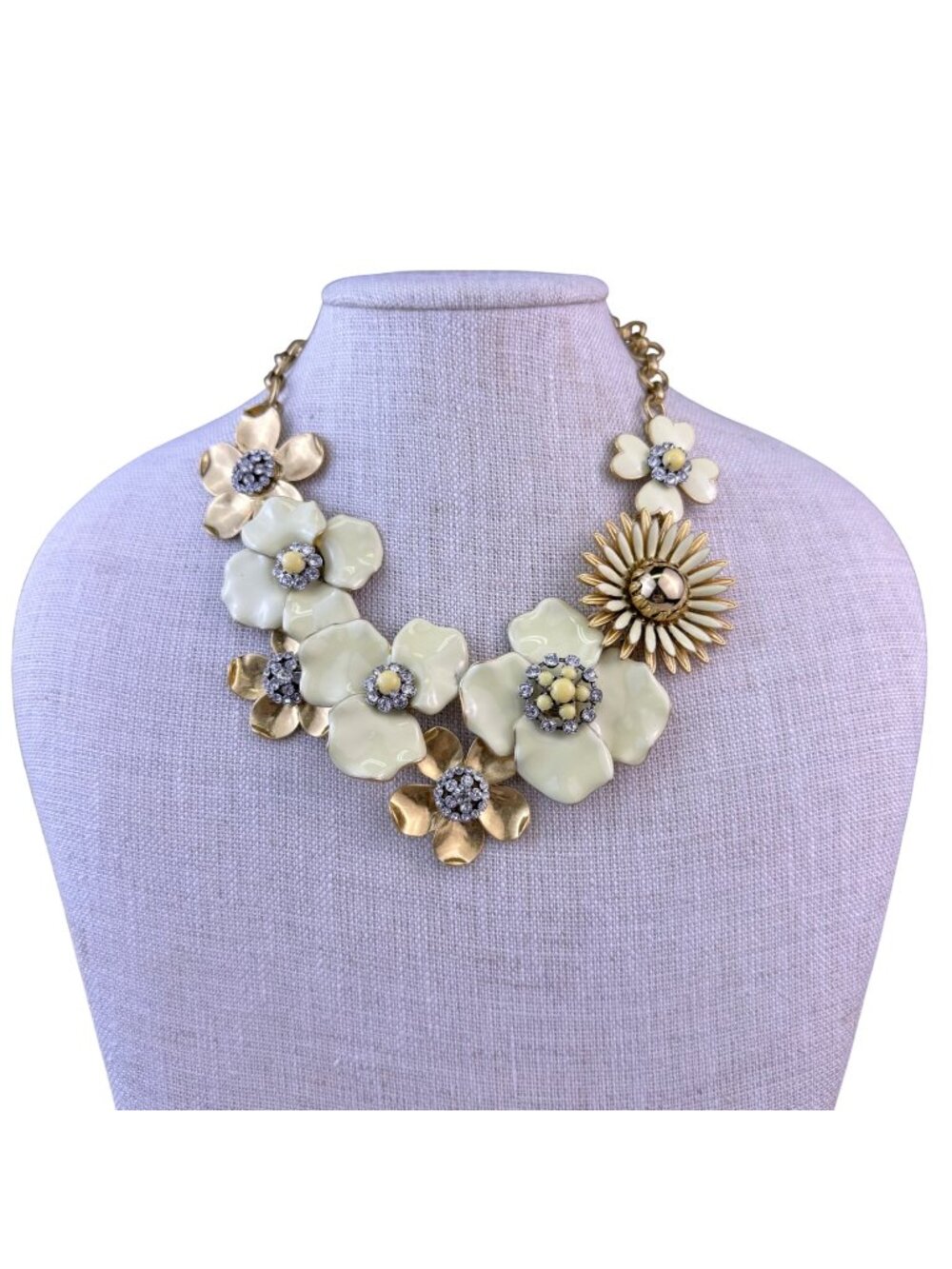 Stella & Dot Womens Cream & Gold Metal Bloom Flower Statement Necklace
